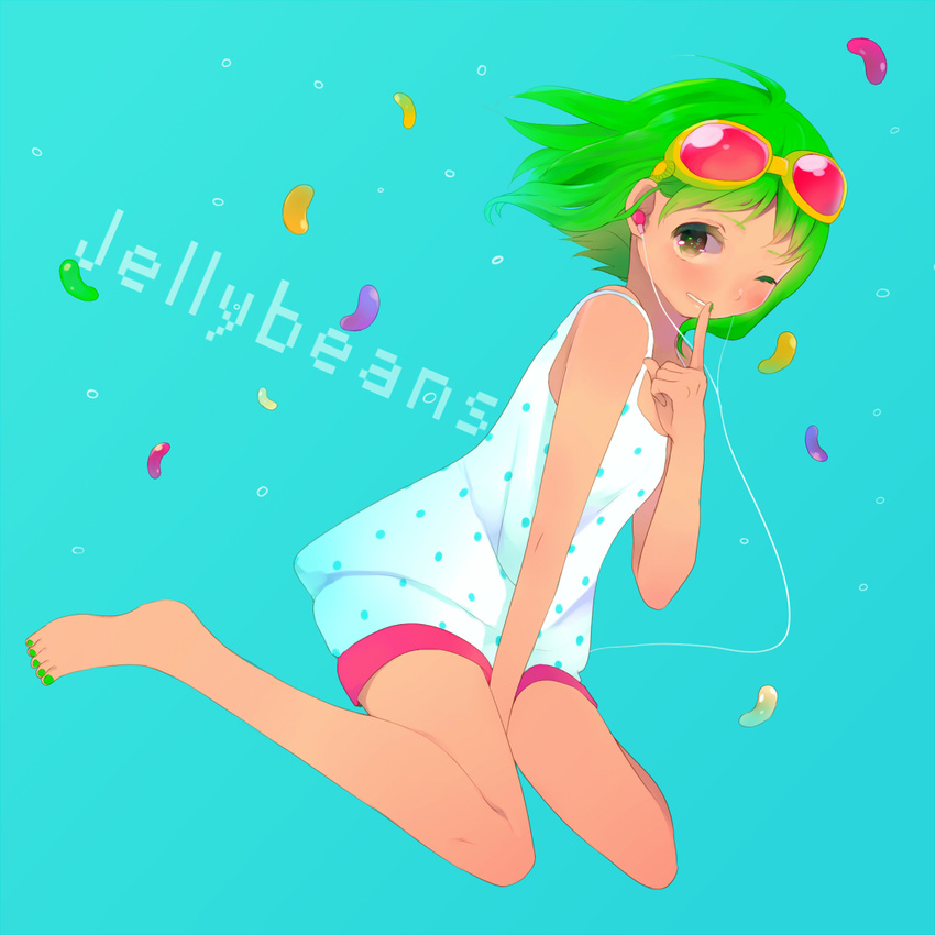 bad_id bad_pixiv_id barefoot candy earbuds earphones feet finger_to_mouth food goggles goggles_on_head green_hair green_nails gumi jelly_bean nail_polish one_eye_closed short_hair shushing sitting solo tamayo vocaloid wariza