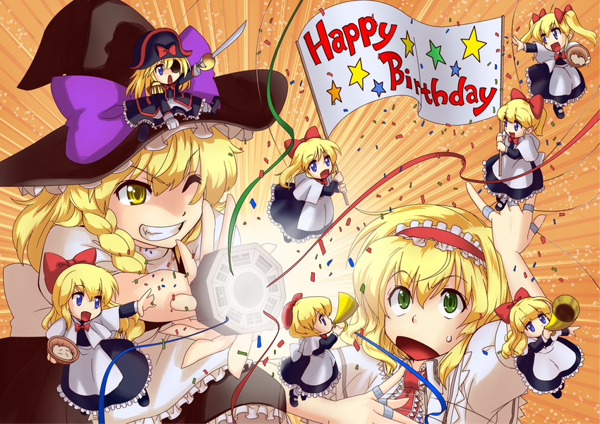 abo_(hechouchou) alice_margatroid alternate_costume alternate_hairstyle blonde_hair confetti doll english eyepatch grin happy_birthday hat highres horn_(instrument) kirisame_marisa mini-hakkero multiple_girls one_eye_closed pirate pirate_hat shanghai_doll smile sword touhou twintails weapon witch_hat