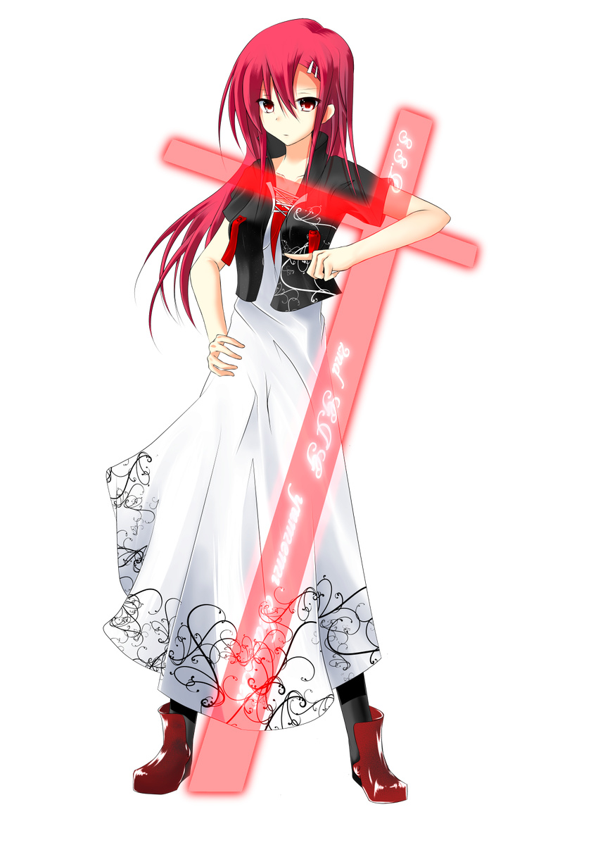 alternate_costume bad_id bad_pixiv_id boots contemporary cross dress ghost_in_the_shell ghost_in_the_shell_stand_alone_complex hair_ornament hairclip highres jacket long_hair okazaki_yumemi parody pink_eyes pointing red_hair solo touhou touhou_(pc-98) transparent_background yuky_(cassis_powder)