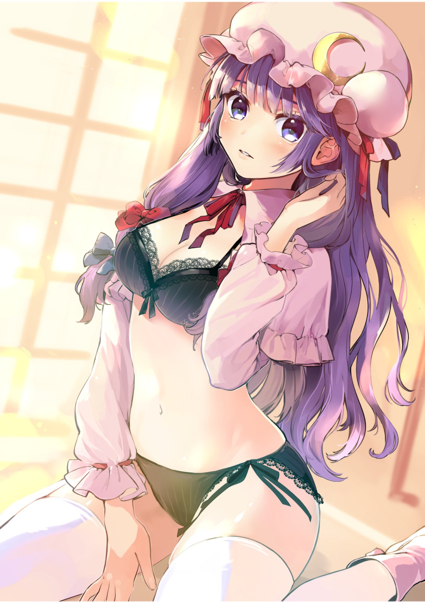 1girl black_bra black_panties blue_bow bow bra breasts cleavage crescent crescent_moon_pin dress hair_bow hat highres indoors long_hair looking_at_viewer medium_breasts mob_cap open_clothes open_dress panties patchouli_knowledge pink_capelet pink_dress pink_headwear purple_eyes purple_hair red_bow solo thighhighs touhou underwear vanilla_(miotanntann) white_legwear window