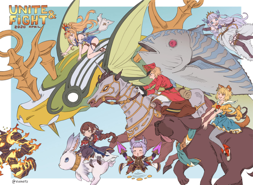 1boy 5girls animal_ears bonito braid bunny cagliostro_(granblue_fantasy) cavalry_(granblue_fantasy) chibi crying dagger djeeta_(granblue_fantasy) dog dog_ears dog_tail erune eyewear_on_head fish garjana granblue_fantasy haaselia harvin hat horse lily_(granblue_fantasy) military military_uniform multiple_girls ouroboros_(granblue_fantasy) ponytail quatre_(granblue_fantasy) riding sunglasses tail thighhighs uniform vajra_(granblue_fantasy) vinhnyu weapon