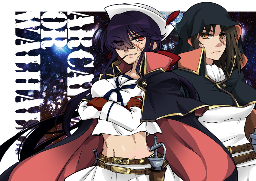 2girls arcadia arcadia_(cosplay) background_text bangs belt black_cape black_capelet black_hair blouse bow brown_belt brown_eyes brown_gloves cape capelet closed_mouth commentary cosplay cravat crocroxxx crossed_arms dark_skin dixie_cup_hat english_commentary english_text eyebrows_visible_through_hair eyes_visible_through_hair facial_scar frown girls_und_panzer gloves hair_bow hair_over_one_eye half-closed_eyes harlock_saga hat hat_feather hood hood_up hooded_capelet long_hair long_sleeves midriff military_hat miniskirt mouth_hold multiple_girls murakami_(girls_und_panzer) navel navy_blue_neckwear neckerchief ogin_(girls_und_panzer) ooarai_naval_school_uniform outside_border pipe pleated_skirt ponytail red_bow red_eyes sailor sailor_collar scabbard scar school_uniform scimitar sheath side-by-side skirt skull_and_crossbones sky smirk star_(sky) starry_sky sword weapon white_blouse white_headwear white_neckwear white_skirt