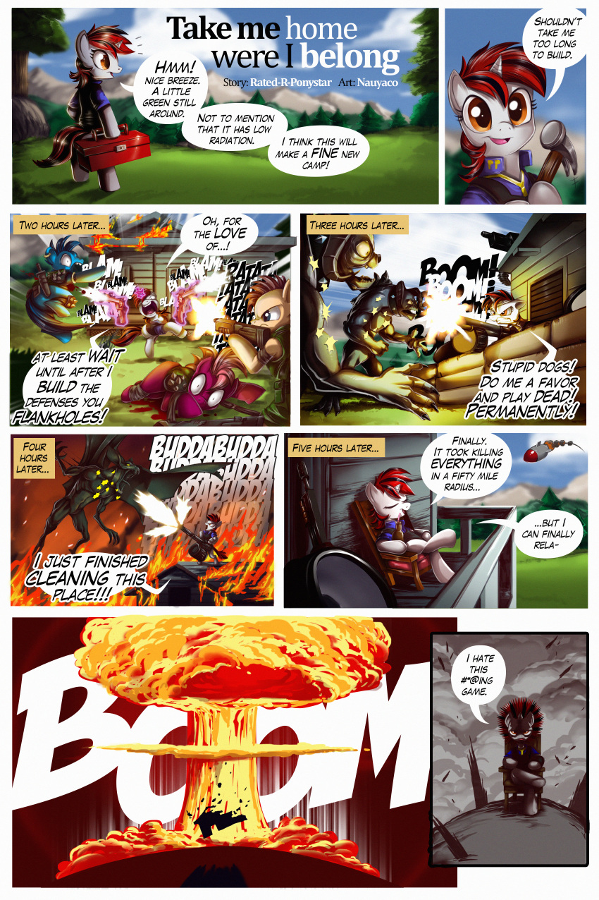 absurd_res anthro blackjack_(fallout_equestria) blood bodily_fluids canid chair chiropteran comic crossed_legs dialogue diamond_dog_(mlp) english_text equid explosion fallout_equestria fan_character female feral friendship_is_magic furniture gun hi_res horn male mammal missile my_little_pony nauyaco outside project_horizons ranged_weapon sitting text toolbox unicorn violence weapon