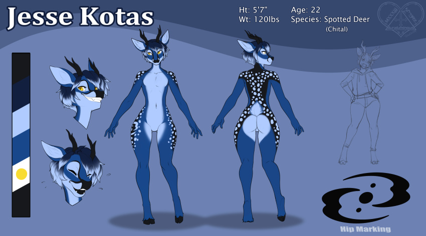 2019 5_fingers absurd_res anthro antlers blue_body blue_fur butt cervid cervine chital digital_media_(artwork) english_text fingers fur grin hi_res hooves horn jesse_kotas kittydee laugh looking_at_viewer male mammal model_sheet nude open_mouth simple_background smile solo spots spotted_body spotted_fur teeth text yellow_eyes