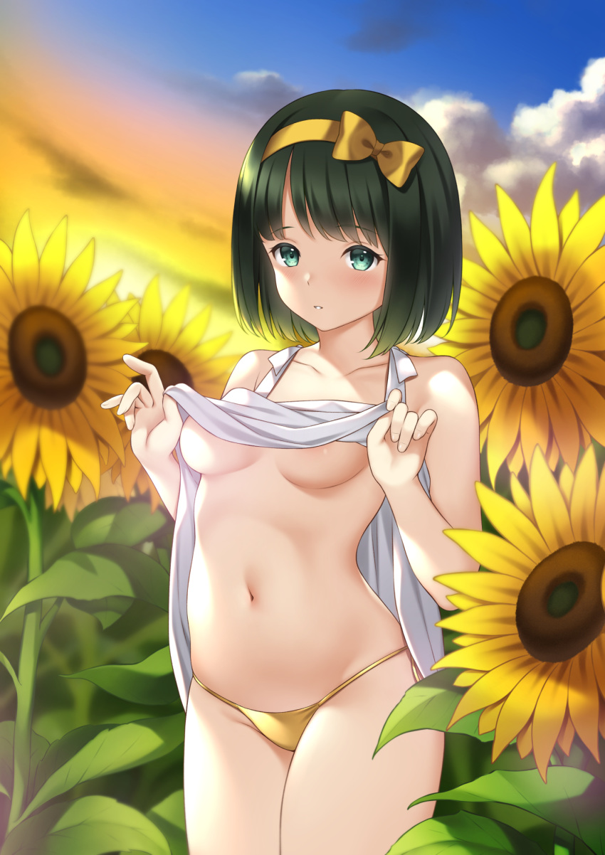 1girl areola_slip areolae bangs bare_arms bare_shoulders blush bow breasts cloud collarbone cowboy_shot dress dress_lift eyebrows_visible_through_hair flower gradient_sky green_eyes green_hair hair_bow hairband highres leaf lifted_by_self looking_at_viewer navel original outdoors panties parted_lips ren_san short_hair sky sleeveless sleeveless_dress small_breasts solo stomach sundress sunflower sunlight sunset underwear white_dress yellow_bow yellow_flower yellow_hairband yellow_panties
