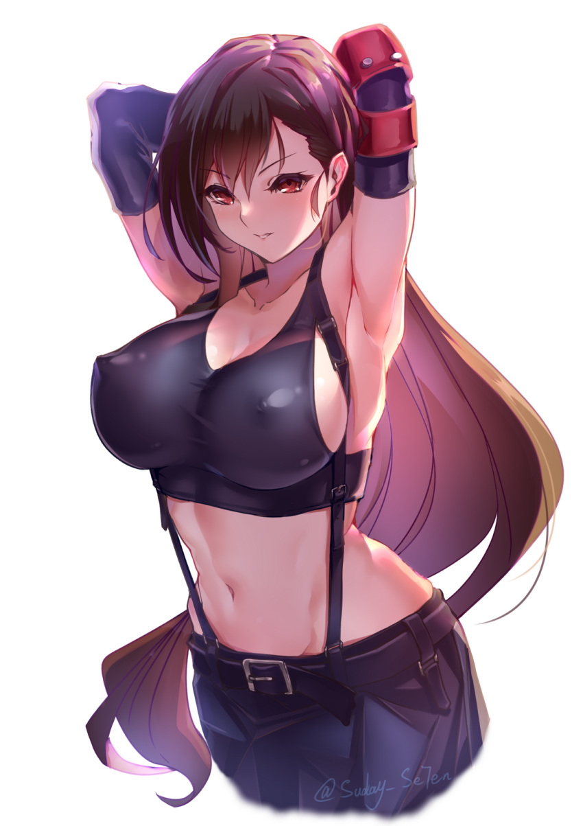 1girl armpits arms_behind_head arms_up backlighting bangs bare_shoulders black_bra black_gloves black_skirt blush bra breasts brown_hair cleavage closed_mouth collarbone covered_nipples elbow_gloves elbow_pads final_fantasy final_fantasy_vii final_fantasy_vii_remake gloves highres large_breasts long_hair looking_at_viewer low-tied_long_hair navel red_eyes shirt sideboob simple_background skirt solo sports_bra sunday_se7en suspender_skirt suspenders tank_top taut_clothes taut_shirt tifa_lockhart underwear white_background