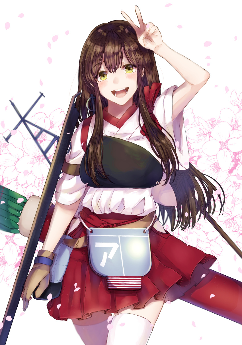 1girl absurdres akagi_(kantai_collection) arrow blush breasts brown_eyes brown_gloves brown_hair cherry_blossoms eyebrows_visible_through_hair flight_deck gloves hair_ornament hakama_skirt highres japanese_clothes kantai_collection kimono large_breasts long_hair long_sleeves looking_at_viewer mochiko_(mocchikkoo) nontraditional_miko open_mouth partly_fingerless_gloves petals pink_hair quiver red_skirt ribbon-trimmed_sleeves ribbon_trim shinkaisei-kan single_glove skirt smile solo straight_hair teeth v white_kimono white_legwear