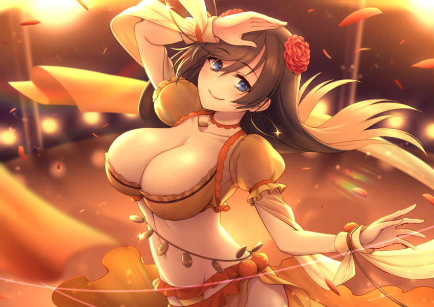 1girl arm_up bikini bikini_bottom blue_eyes blurry breasts brown_hair choker cleavage collarbone cowboy_shot crop_top dancer earrings fate/grand_order fate_(series) flower frills groin hair_flower hair_ornament hoop_earrings jewelry large_breasts long_hair looking_at_viewer mata_hari_(fate/grand_order) midriff navel orange_bikini orange_shirt oyaji-sou petals puffy_short_sleeves puffy_sleeves red_flower revealing_clothes sarong shirt short_sleeves smile solo stomach swimsuit