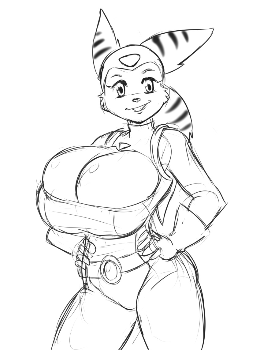 absurd_res angela_cross big_breasts breast_expansion breasts female hi_res huge_breasts humanoid lombax mammal mechogama monochrome ratchet_and_clank solo video_games