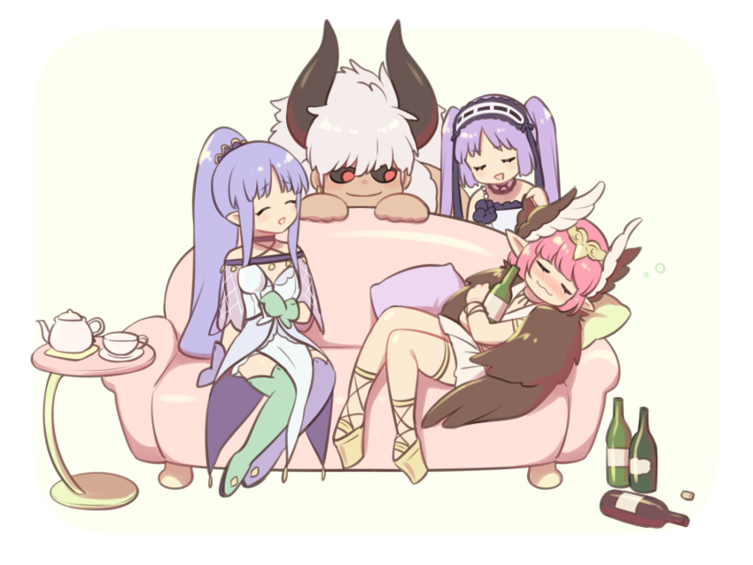 1boy 3girls 7dango7 alcohol armlet asterios_(fate/grand_order) aunt_and_niece black_sclera blue_hair blush boots bottle bracelet brown_wings caster caster_lily circe_(fate/grand_order) dress drunk euryale fate/grand_order fate/hollow_ataraxia fate/stay_night fate_(series) feathered_wings frilled_hairband frills gloves hairband head_wings headdress headpiece highres holding holding_bottle horns jewelry lolita_hairband long_hair magical_girl mismatched_gloves mismatched_legwear multiple_girls pointy_ears ponytail purple_hair red_eyes sake sake_bottle strapless strapless_dress thigh_boots thighhighs thighlet white_dress white_hair winged_hair_ornament wings