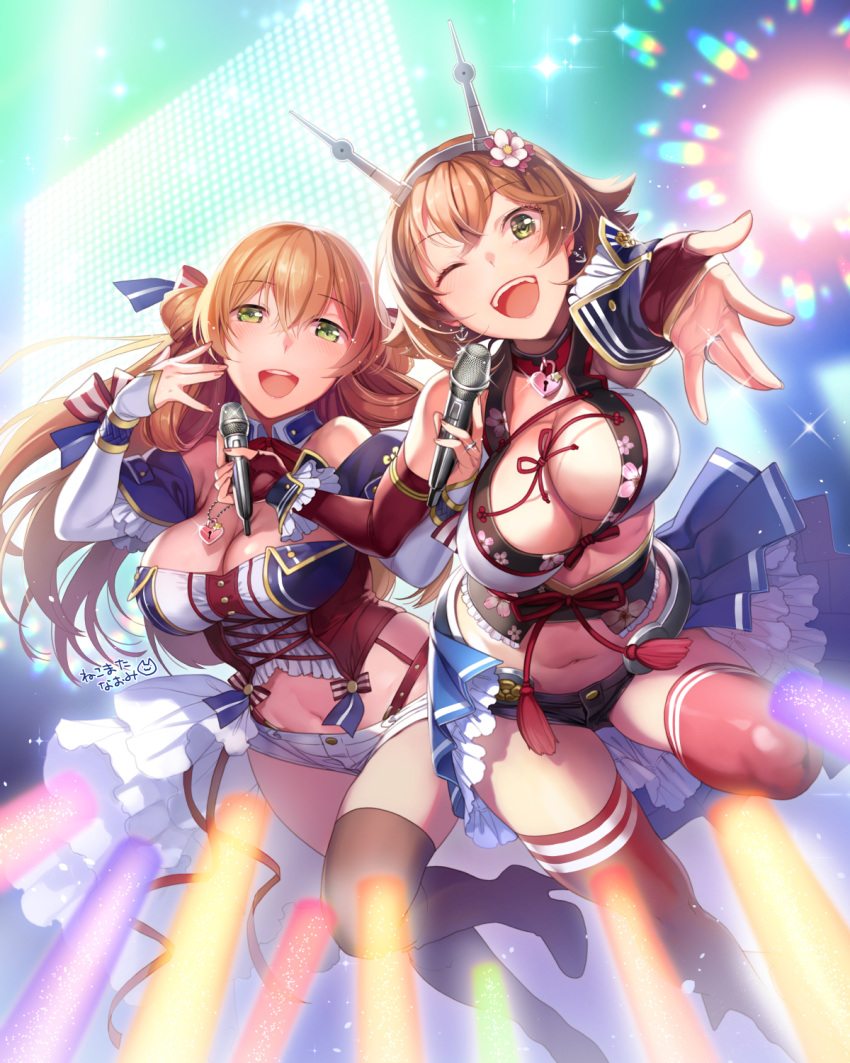 2girls adapted_costume black_legwear black_shorts boots bow breasts brown_hair capelet cleavage collar commissioner_upload crossover detached_collar detached_sleeves flower girls_frontline green_eyes hair_bow hair_flower hair_ornament headgear heart_lock_(kantai_collection) highres idol jewelry kantai_collection large_breasts long_hair looking_at_viewer m1903_springfield_(girls_frontline) microphone midriff multiple_girls mutsu_(kantai_collection) navel nekomata_naomi one_eye_closed open_mouth rainbow_background reaching_out red_legwear ring short_hair shorts thigh_boots thighhighs wedding_band white_shorts