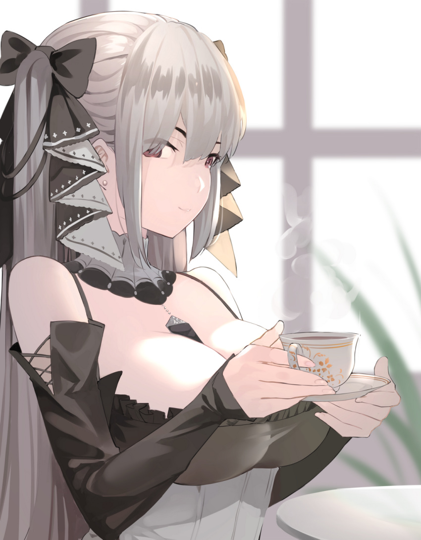 1girl azur_lane bangs bare_shoulders between_breasts black_bow bow breasts cleavage closed_mouth corset cup detached_collar detached_sleeves earrings formidable_(azur_lane) hair_bow highres holding holding_cup indoors jewelry large_breasts long_hair long_sleeves looking_at_viewer nonh_(wormoftank) red_eyes saucer sidelocks smile solo steam straight_hair stud_earrings table teacup twintails upper_body very_long_hair