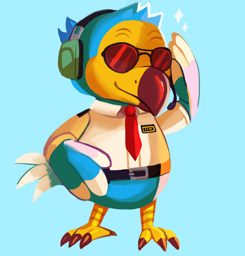 2020 absurd_res animal_crossing anthro avian beak belt bird blue_background blue_body blue_feathers bottomless cherivinca clothed clothing columbid dodo feathered_wings feathers full-length_portrait gesture hand_on_hip headgear headphones headset hi_res male necktie nintendo portrait salute simple_background smile solo sparkles standing video_games wilbur_(animal_crossing) wings