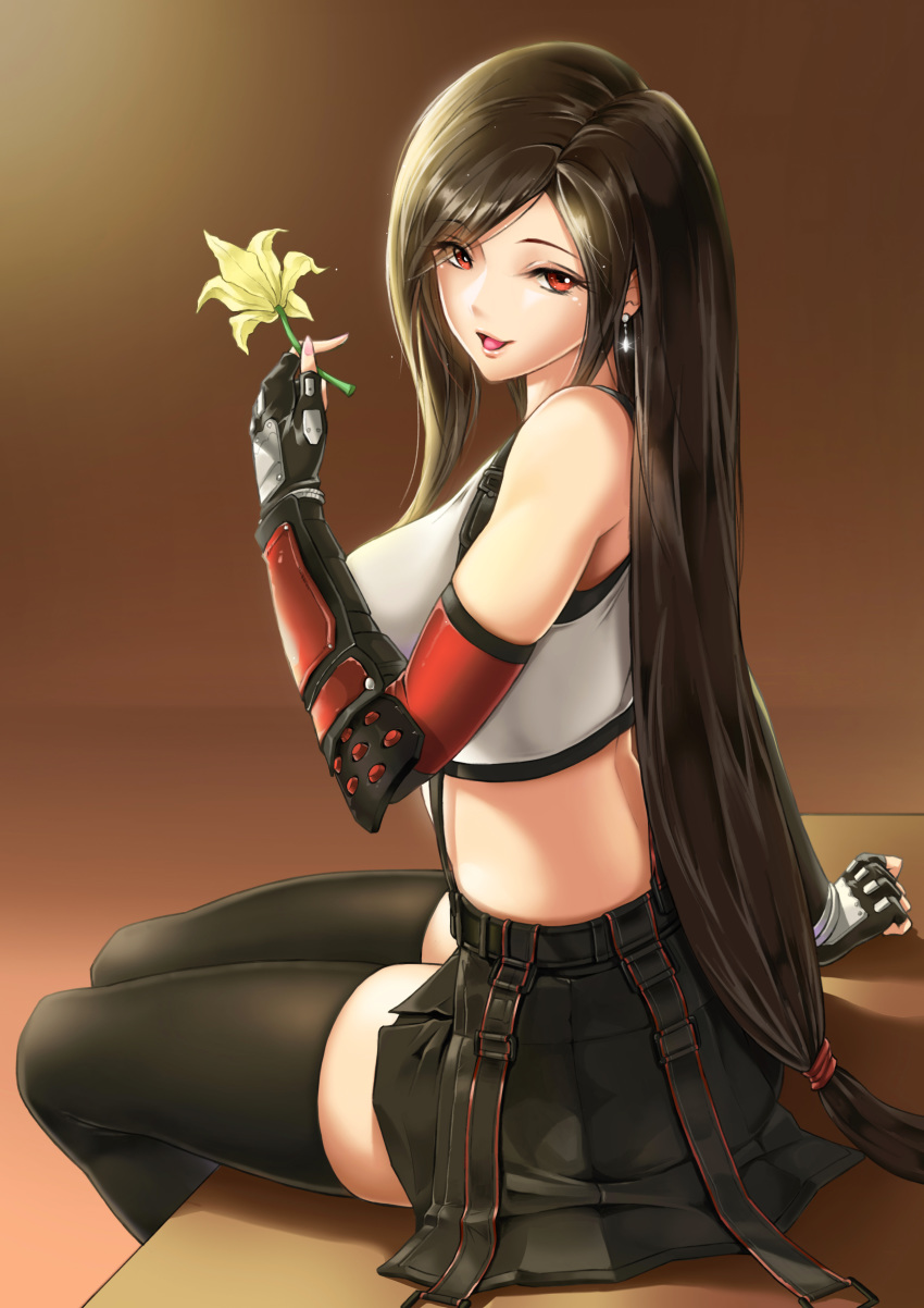 1girl :d =d absurdres arm_guards bangs black_gloves black_hair black_legwear black_skirt breasts crop_top earrings elbow_gloves eyebrows_visible_through_hair final_fantasy final_fantasy_vii final_fantasy_vii_remake fingerless_gloves flower gi_gi gloves highres holding holding_flower jewelry large_breasts long_hair looking_at_viewer low-tied_long_hair open_mouth pleated_skirt red_eyes sitting skirt sleeveless smile solo suspender_skirt suspenders thighhighs tifa_lockhart white_crop_top yellow_flower