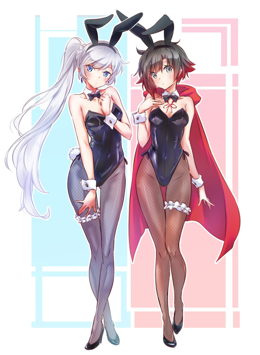 1girl 2girls :o =o alternate_costume animal_ears arm_between_breasts bare_shoulders black_hair black_legwear black_leotard black_neckwear blue_eyes blush bow bowtie braid breasts bunny_ears bunny_girl bunny_tail bunnysuit cape cleavage cloak collarbone crown_braid detached_collar earrings eyebrows_visible_through_hair eyes_visible_through_hair fake_tail fishnet_legwear fishnets girl gradient_hair hairband hand_on_own_thigh highres hood hooded_cloak iesupa jewelry leotard long_hair looking_at_viewer multicolored_hair multiple_girls open_mouth pantyhose red_cape red_hair ribbon_trim ruby_rose rwby scar scar_across_eye short_hair side_ponytail silver_eyes single_garter sleeveless small_breasts solo strapless strapless_leotard tail thigh_strap two-tone_hair very_long_hair weiss_schnee white_background white_hair wrist_cuffs