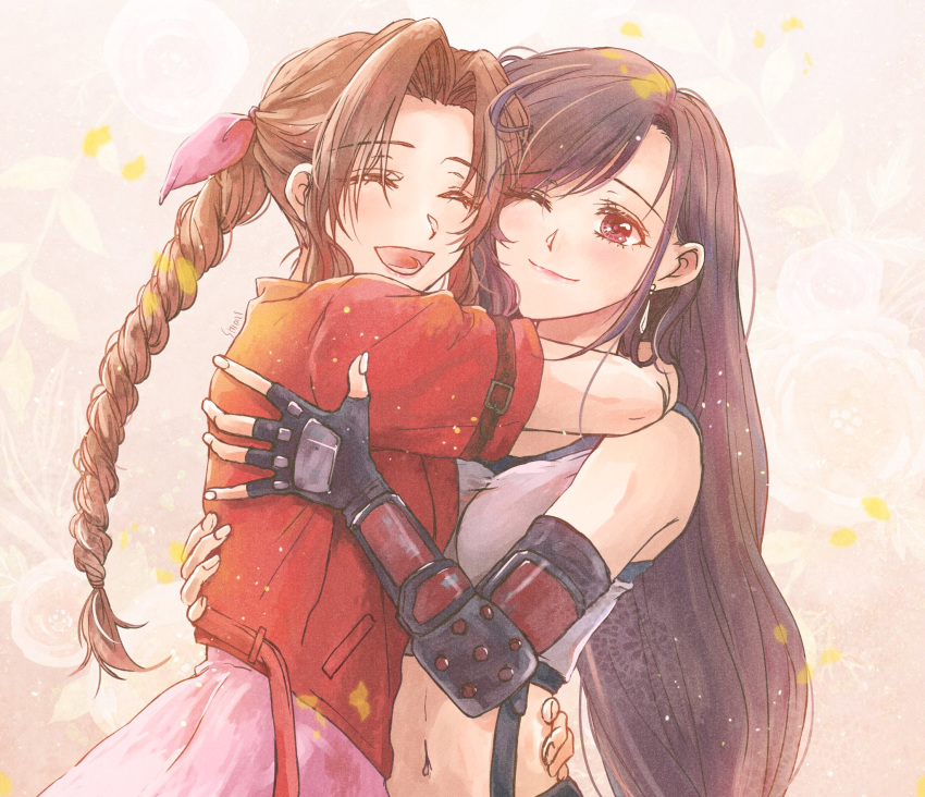 2girls :d =d aerith_gainsborough arm_around_neck bangs black_hair blush bow braid braided_ponytail breasts brown_hair closed_eyes crop_top dress earrings eyebrows_visible_through_hair final_fantasy final_fantasy_vii final_fantasy_vii_remake floral_background hair_bow highres hug jacket jewelry long_hair lower_teeth multiple_girls navel one_eye_closed open_mouth parted_bangs pink_bow pink_dress red_eyes red_jacket shiori8_ff short_sleeves skirt smile suspender_skirt suspenders tank_top tifa_lockhart upper_body very_long_hair white_crop_top white_tank_top