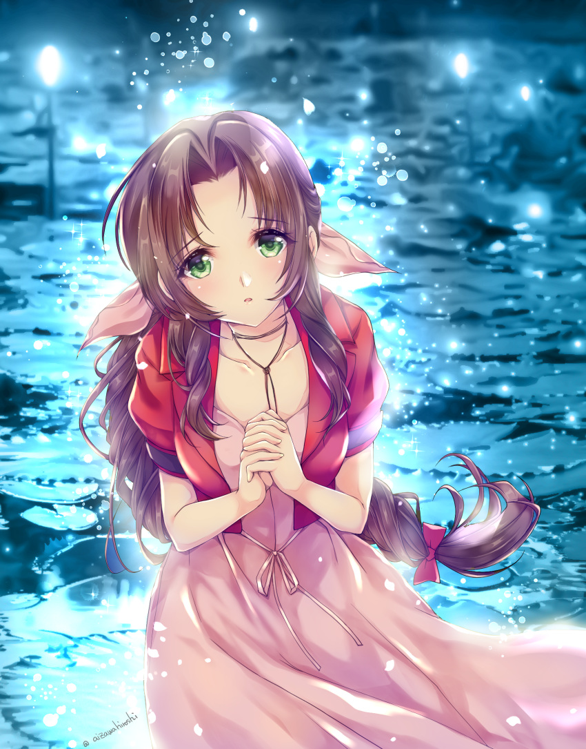 1girl aerith_gainsborough aizawa_hiroshi bangs bow breasts brown_hair collarbone dress final_fantasy final_fantasy_vii final_fantasy_vii_remake green_eyes hands_together highres jacket long_hair looking_at_viewer pink_dress red_bow red_jacket signature small_breasts solo water