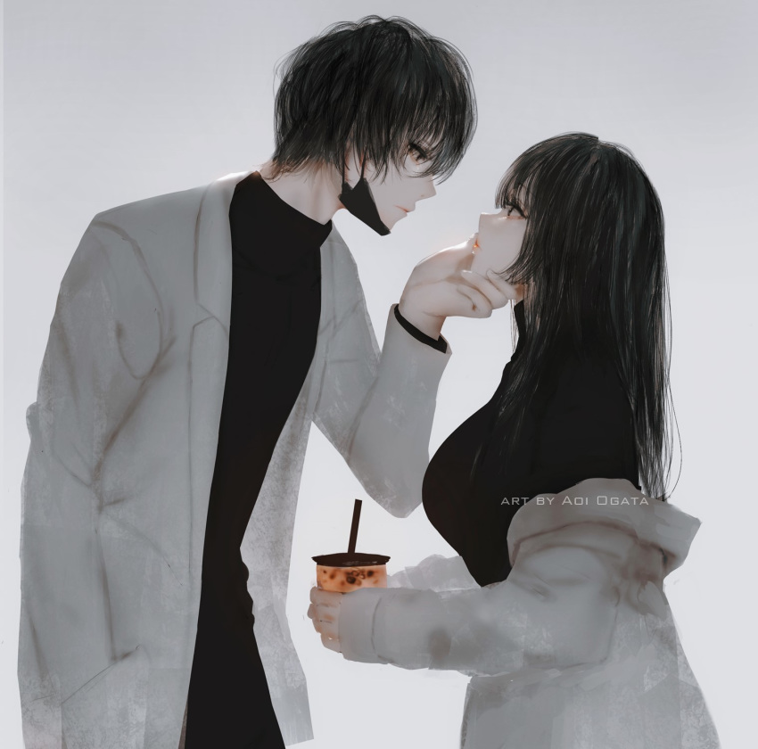 1boy 1girl aoi_ogata artist_name black_eyes black_hair black_shirt breasts bubble_tea chin_grab closed_mouth commentary cup disposable_cup drinking_straw english_commentary eye_contact grey_background hand_in_pocket hetero highres holding holding_cup labcoat long_hair long_sleeves looking_at_another mask mask_pull medium_breasts mouth_mask off_shoulder open_clothes original profile shirt simple_background surgical_mask
