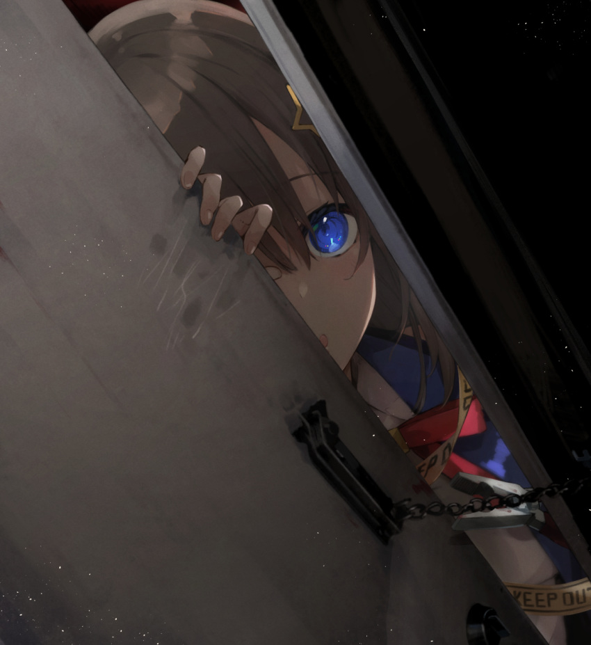 1girl blood blood_on_wall blue_eyes blue_jacket brown_hair caution_tape chain doorway dutch_angle eyebrows_visible_through_hair hair_between_eyes hair_ornament hand_print highres hololive jacket kase_(kurimuzone_oruta) keep_out looking_at_viewer neck_ribbon open_door open_mouth pliers red_ribbon ribbon shirt smile solo star star_hair_ornament tokino_sora tokino_sora_channel upper_body virtual_youtuber white_shirt