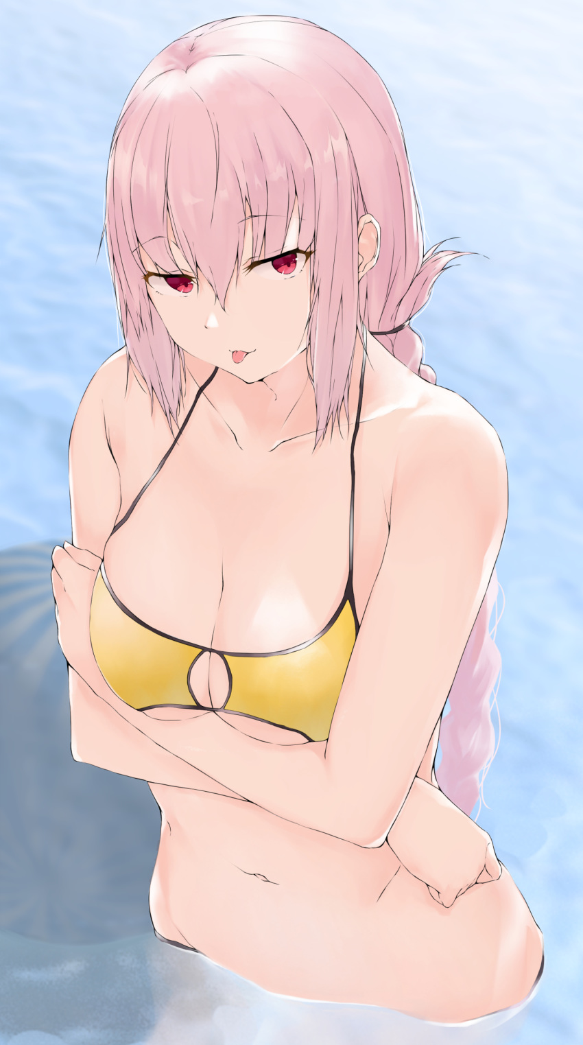 1girl arms_under_breasts bangs bare_shoulders bikini braid breasts chaldea_lifesavers cleavage collarbone crossed_arms fate/grand_order fate_(series) florence_nightingale_(fate/grand_order) folded_ponytail highres large_breasts light_smile long_hair looking_at_viewer navel parusu_(ehyfhugj) pink_hair red_eyes single_braid solo swimsuit tongue tongue_out wading water yellow_bikini