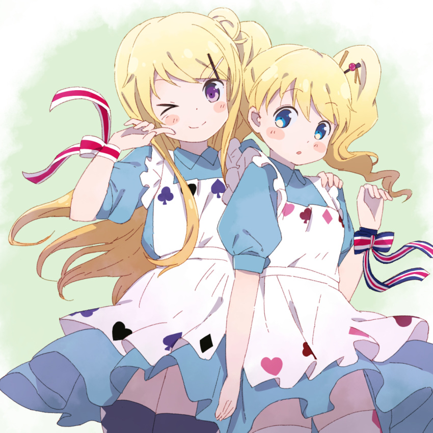 2girls alice_(wonderland) alice_(wonderland)_(cosplay) alice_cartelet apron blonde_hair blue_eyes blush_stickers cosplay hair_bun hand_on_another's_shoulder highres hiroki_(yyqw7151) kin-iro_mosaic kujou_karen multiple_girls one_eye_closed purple_eyes side_ponytail simple_background thighhighs