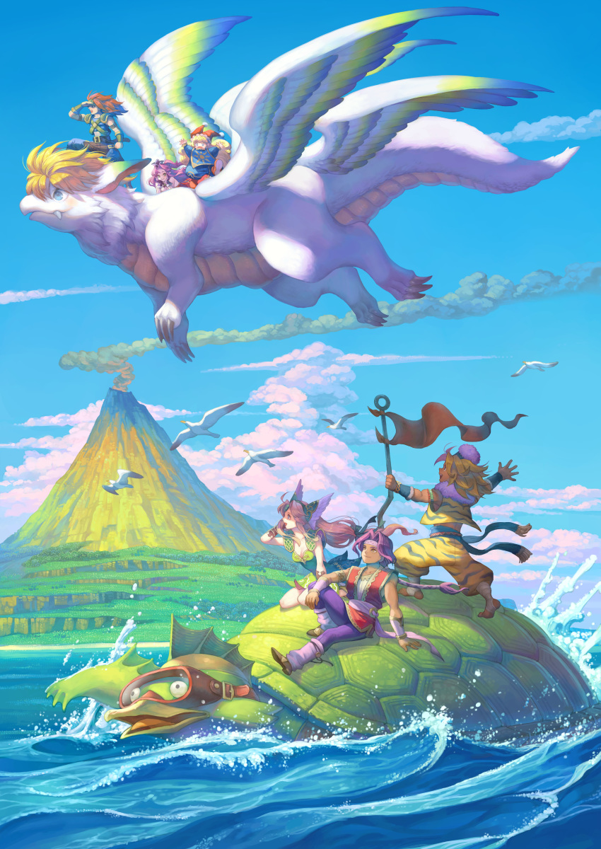 3boys 3girls absurdres angela_(seiken_densetsu_3) bird charlotte_(seiken_densetsu_3) cloud diving_mask dragon duran_(seiken_densetsu_3) flag flammie flying haccan hawkeye_(seiken_densetsu_3) highres island kevin_(seiken_densetsu_3) multiple_boys multiple_girls ocean official_art riding riesz seagull seiken_densetsu seiken_densetsu_3 sitting swimming turtle volcano vuscav waving