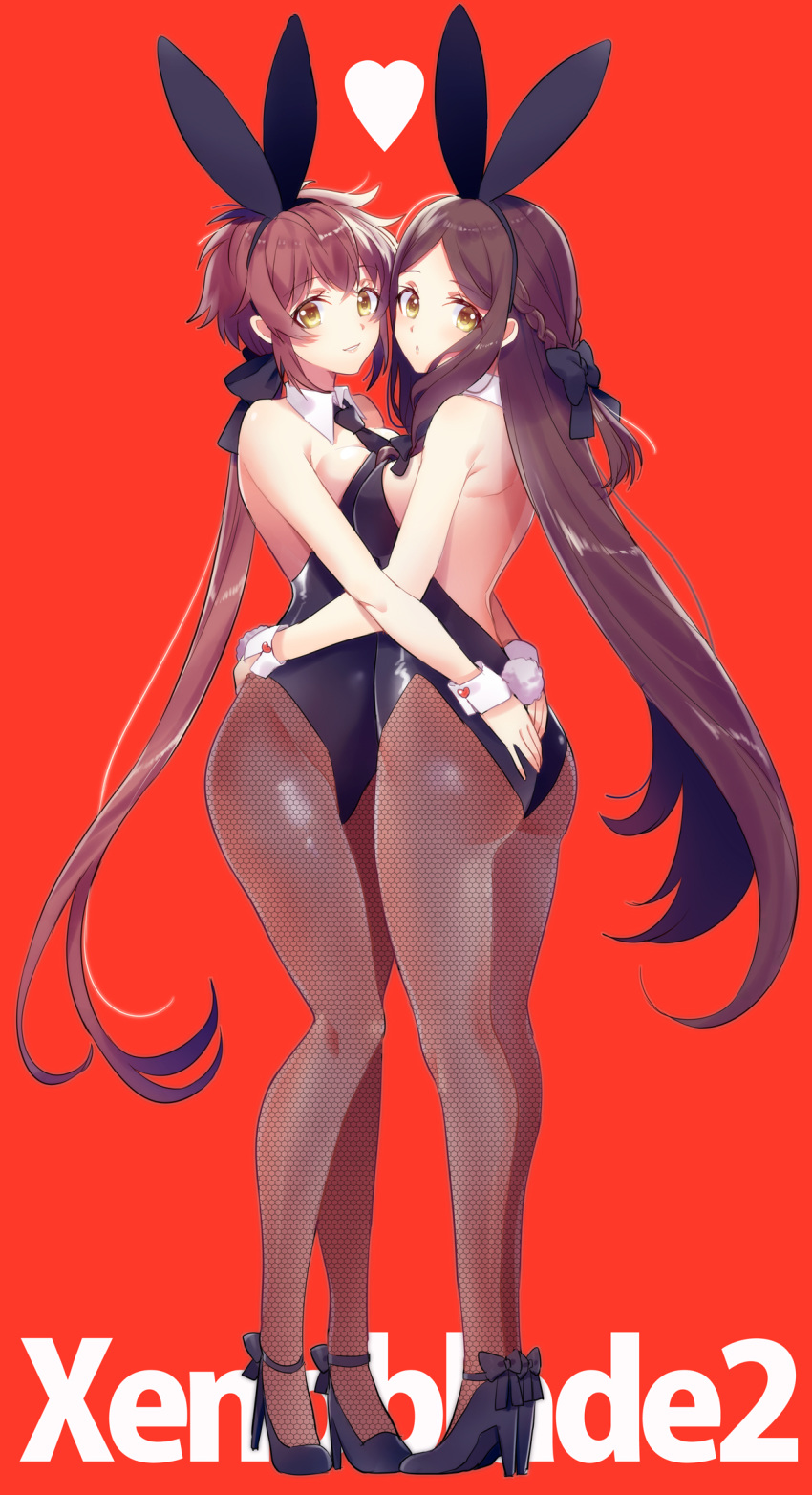 2girls :o alternate_costume animal_ears ass ass_grab back backless_outfit bare_back black_bow black_footwear black_leotard black_neckwear blue_background blush bow braid breast_press breasts brown_hair brown_legwear bunny_ears bunny_girl bunny_tail bunnysuit copyright_name couple detached_collar eyebrows_visible_through_hair fake_animal_ears fan_la_norne fishnet_legwear fishnets french_braid from_side full_body gloves hair_bow heart heart_button high_heels highres himono_xeno hug leotard long_hair looking_at_viewer looking_back lora_(xenoblade_2) medium_breasts multiple_girls necktie pantyhose parted_lips ponytail red_background shoes short_hair sidelocks simple_background smile standing strapless strapless_leotard strappy_heels symmetrical_docking tail very_long_hair wrist_cuffs xenoblade_(series) xenoblade_2 xenoblade_2:_ougon_no_kuni_iira yellow_eyes yuri
