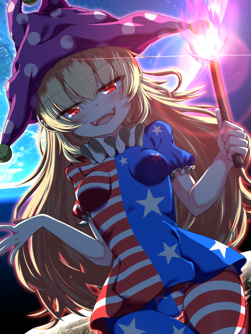 1girl :d american_flag_dress american_flag_legwear bangs blonde_hair blue_dress blush breasts clownpiece commentary_request cowboy_shot dress earth eyebrows_visible_through_hair fangs hair_between_eyes hat highres holding holding_torch jester_cap long_hair looking_at_viewer open_mouth pantyhose polka_dot polka_dot_hat purple_headwear rankasei red_dress red_eyes short_dress small_breasts smile solo space star star_print striped striped_dress taut_clothes taut_dress torch touhou very_long_hair