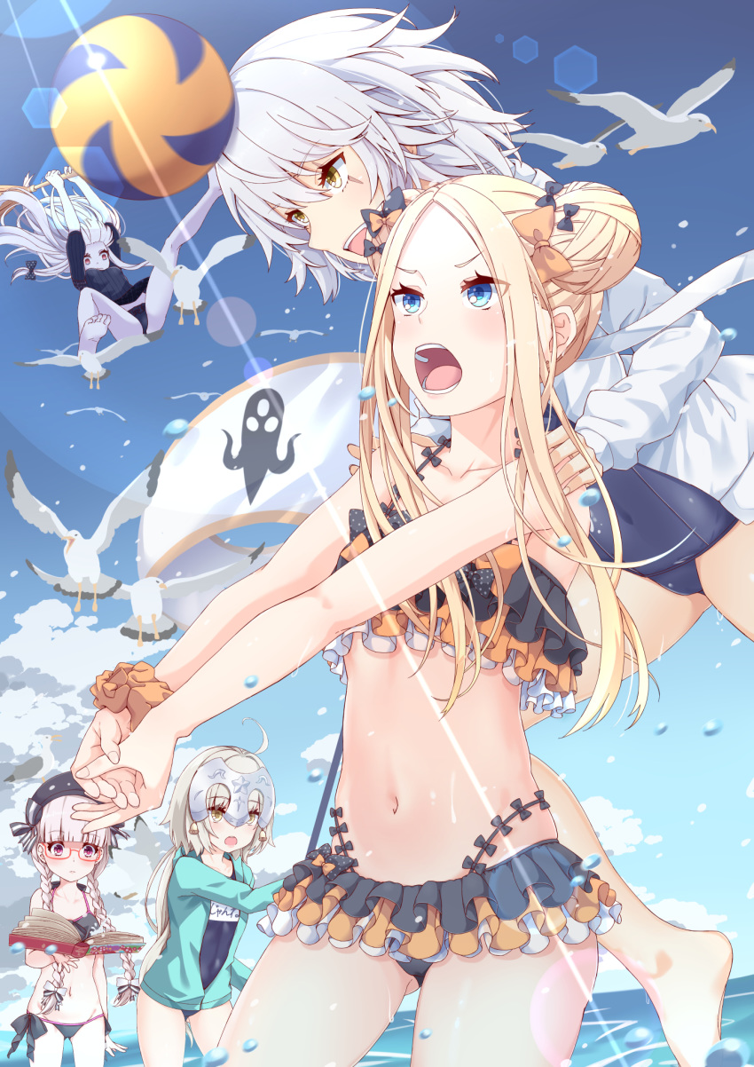 5girls abigail_williams_(fate/grand_order) bangs beach black_bow blonde_hair blue_eyes blue_sky bow breasts facial_scar fate/apocrypha fate/extra fate/grand_order fate_(series) forehead fumika_(moeshin) green_eyes hair_bow headpiece highres jack_the_ripper_(fate/apocrypha) jeanne_d'arc_(fate)_(all) jeanne_d'arc_alter_santa_lily lavinia_whateley_(fate/grand_order) long_hair multiple_bows multiple_girls nursery_rhyme_(fate/extra) orange_bow parted_bangs polka_dot polka_dot_bow purple_eyes scar scar_across_eye scar_on_cheek silver_hair sky small_breasts white_hair yellow_eyes