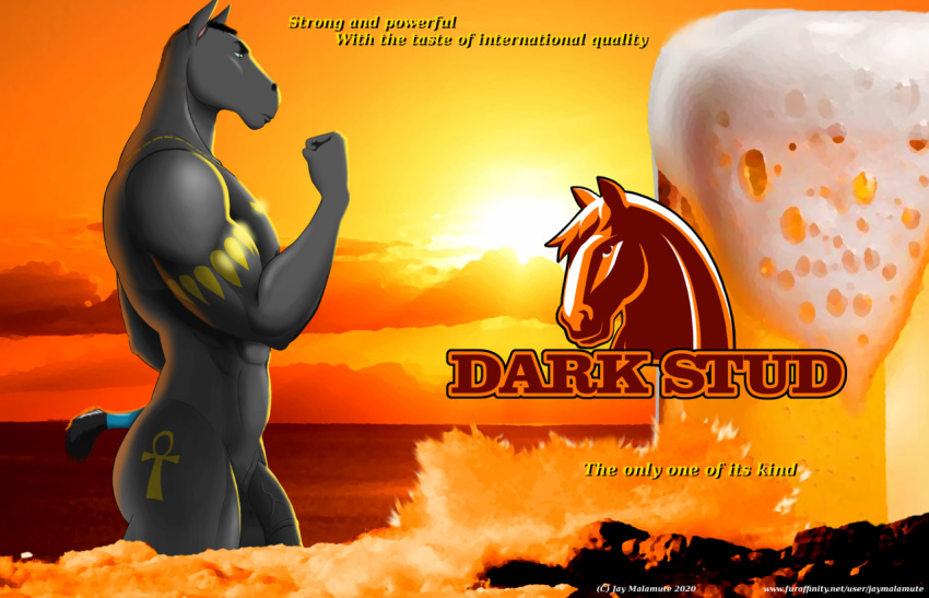 advertisement alcohol ale ankh anthro beer beverage bodypaint butt egyptian equid equine fiction genitals horse jay_malamute male mammal penis rubber_band sea solo sunset tattoo water wave