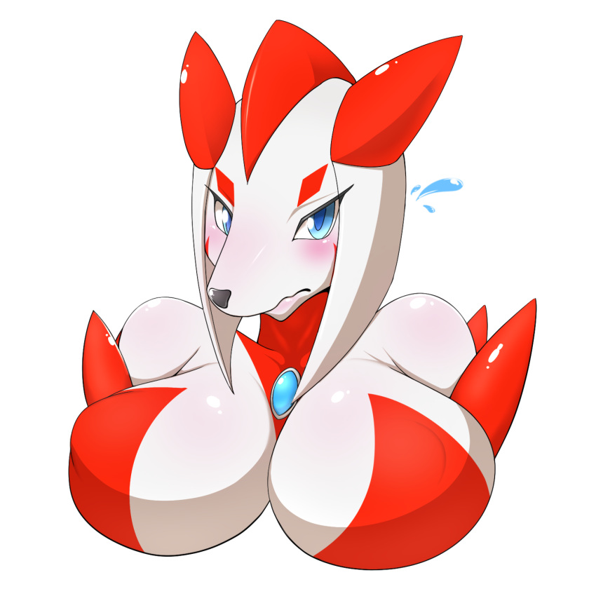 1:1 2019 anthro blue_eyes blue_pupils blush bodily_fluids breasts canid female flying_sweatdrops glistening glistening_body hi_res kemojin looking_at_viewer mammal red_body simple_background solo sweat sweatdrop wavy_mouth white_background white_body
