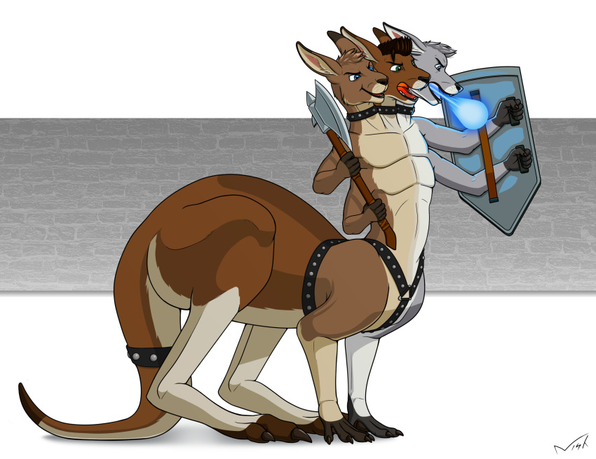 2020 axe canid cerberus collar darkwingdork european_mythology flat_colors gamerwolf greek_mythology hi_res kangaroo macropod male mammal marsupial melee_weapon multi_head multi_limb multifur mythology nisharu shield taur weapon