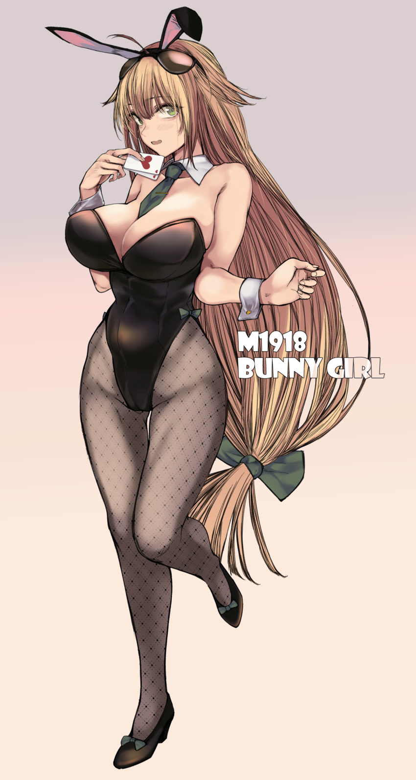 1girl absurdres animal_ears bangs bare_shoulders between_breasts black_footwear black_legwear black_leotard blonde_hair breasts bunny_ears bunny_girl card character_name collar commentary_request detached_collar full_body girls_frontline gradient gradient_background green_eyes green_neckwear hair_between_eyes high_heels highres holding_playing_card kojima_(blue_stardust) large_breasts leg_up leotard long_hair low_tied_hair m1918_bar_(girls_frontline) open_mouth pantyhose playing_card standing very_long_hair wrist_cuffs