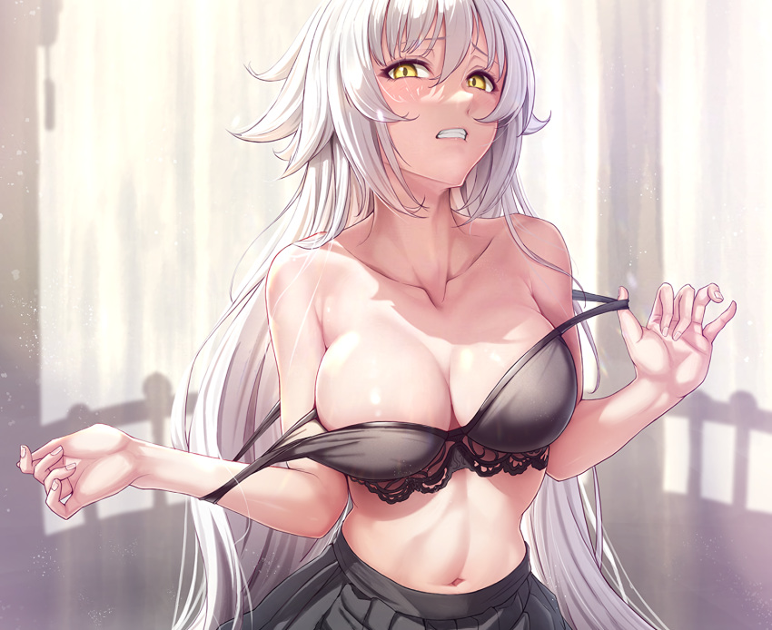 blush bra breasts cleavage cropped fate/grand_order fate_(series) happymonk jeanne_d'arc_(fate) jeanne_d'arc_alter long_hair navel skirt underwear undressing waifu2x white_hair yellow_eyes