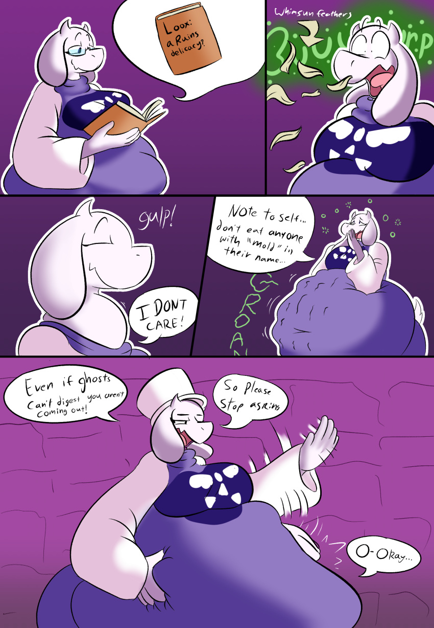 absurd_res anthro belly big_belly big_breasts boss_monster bovid breasts burping caprine comic english_text eyewear female female_pred glasses hi_res ill indigestion mammal mature_female multiple_prey neck_bulge oral_vore reading rumbling_stomach solo_focus swallowing text the_hookaloof toriel undertale video_games vore