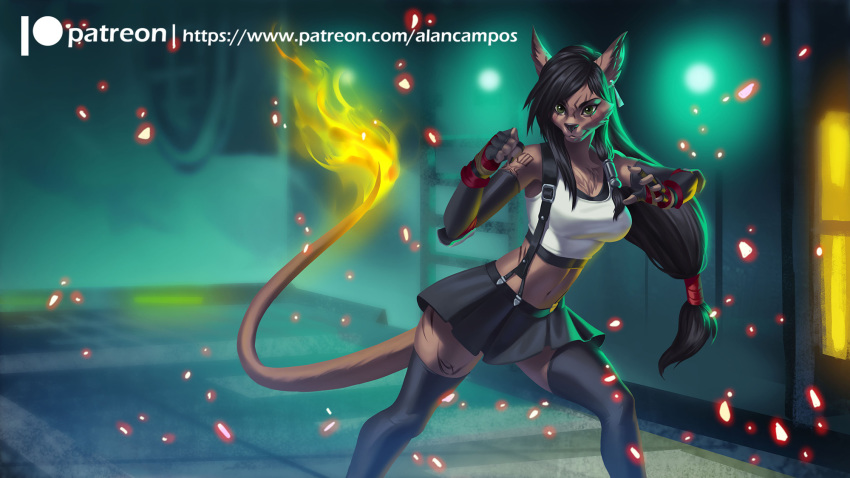 16:9 2020 alanscampos alternate_species anthro bottomwear clothed clothing digital_media_(artwork) felid feline female fighting_pose final_fantasy final_fantasy_vii fire flaming_tail furrification gloves hair handwear hi_res legwear long_hair mammal patreon pose red_xiii skirt solo square_enix text thigh_highs tifa_lockhart url video_games widescreen