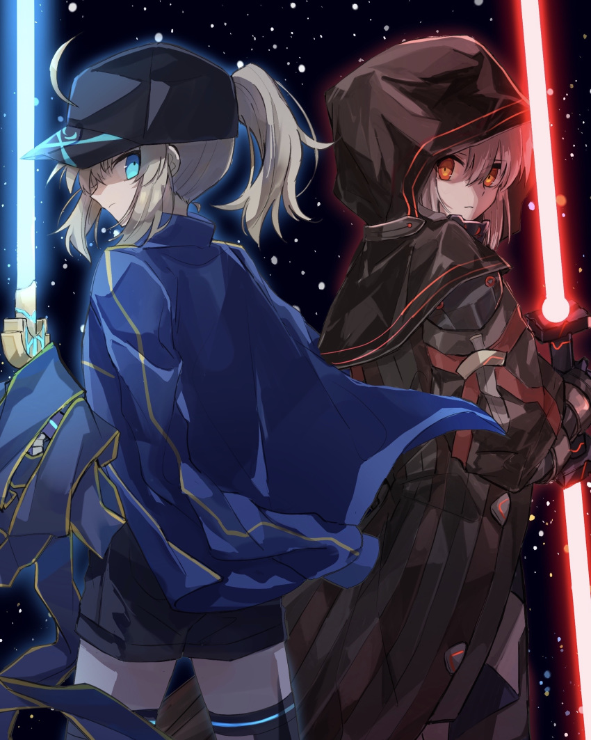 2girls absurdres artoria_pendragon_(all) back-to-back baseball_cap beam_saber black_cape black_gloves black_headwear black_legwear black_shorts blue_eyes blue_jacket cape closed_mouth eyebrows_visible_through_hair fate/grand_order fate_(series) gloves hair_between_eyes hat high_ponytail highres hood hood_up hooded jacket long_hair long_sleeves looking_at_viewer multiple_girls mysterious_heroine_x mysterious_heroine_x_(alter) nayu_tundora ocean open_clothes open_jacket red_eyes short_shorts shorts silver_hair standing thighhighs