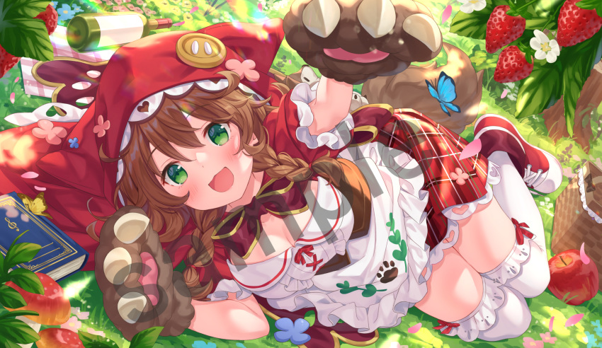 1girl apple apron blush book bottle bow bowtie braid breasts brown_hair cleavage commentary cross-laced_footwear day dress eyebrows_visible_through_hair food fruit full_body gloves grass green_eyes hair_between_eyes highres jimmy kneehighs legs_together looking_at_viewer lying medium_breasts medium_hair nijisanji on_side open_mouth outdoors paw_gloves paws picnic_basket plaid plaid_dress red_dress red_footwear red_hood red_neckwear sample shoes side_braids smile sneakers solo strawberry sunlight thighs twin_braids virtual_youtuber warabeda_meijii white_legwear wine_bottle