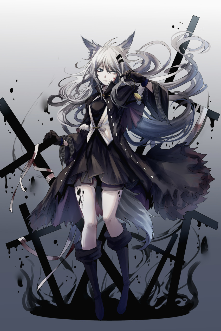 1girl absurdres animal_ears antenna_hair arknights bangs black_coat black_dress black_footwear black_gloves boots chinese_commentary coat commentary_request cross dress full_body gloves gradient gradient_background grey_background grey_eyes hair_between_eyes hair_ornament hairclip highres knee_boots lappland_(arknights) long_hair looking_to_the_side nga_(artist) open_clothes open_coat ore_lesion_(arknights) shirt short_dress silver_hair solo standing white_shirt wolf_ears