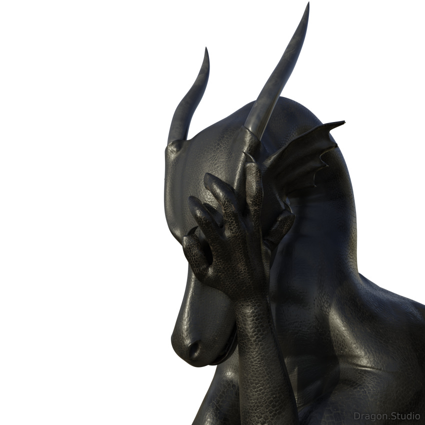1:1 2019 3d_(artwork) 5_fingers alpha_channel ambiguous_gender barefoot black_body black_claws black_scales bust_portrait claws digital_media_(artwork) disappointed dragon dragon.studio english_text eyes_closed facepalm feral fingers grey_text head_wings hi_res horn nude portrait quadruped reaction_image scales scalie side_view simple_background sitting solo text three-quarter_view transparent_background watermark wingless_dragon wings