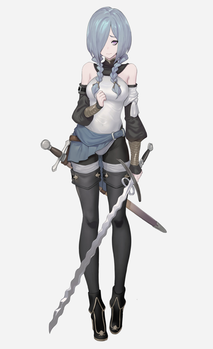 1girl bare_shoulders braid detached_sleeves flamberge full_body hair_over_one_eye highres holding holding_sword holding_weapon keemu_(occhoko-cho) long_hair original pantyhose purple_eyes scabbard sheath sheathed short_shorts shorts silver_hair simple_background solo sword twin_braids weapon
