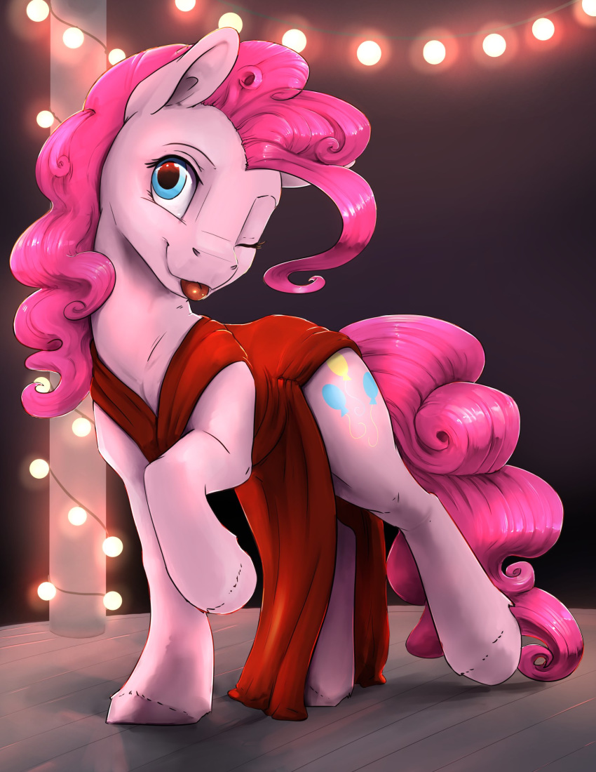 blep clothed clothing dress equid equine female friendship_is_magic hi_res horse lights looking_at_viewer mammal my_little_pony one_eye_closed pinkie_pie_(mlp) pony red_clothing red_dress silfoe solo tongue tongue_out wink