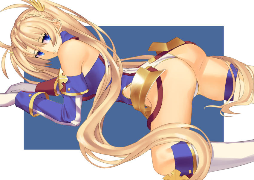 1girl all_fours ass back bangs bare_shoulders black_cat_ronaldinho blonde_hair blue_background blue_eyes blue_gloves blue_leotard boots border bradamante_(fate/grand_order) braid breasts crown_braid elbow_gloves fate/grand_order fate_(series) faulds gloves hair_between_eyes hair_ornament highleg highleg_leotard knee_boots large_breasts leotard long_hair looking_at_viewer looking_back open_mouth solo thigh_strap thighs twintails two-tone_leotard very_long_hair white_border white_footwear white_leotard
