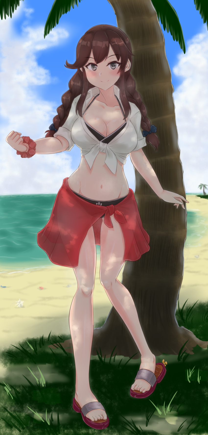 1girl absurdres bangs beach bikini black_bikini blue_sky braid breasts brown_hair chiokori_basara cleavage cloud commentary_request day full_body green_eyes highres horizon kantai_collection large_breasts long_sleeves looking_at_viewer noshiro_(kantai_collection) ocean outdoors palm_tree red_sarong sandals sarong shirt sky solo standing swept_bangs swimsuit tied_shirt tree twin_braids white_shirt