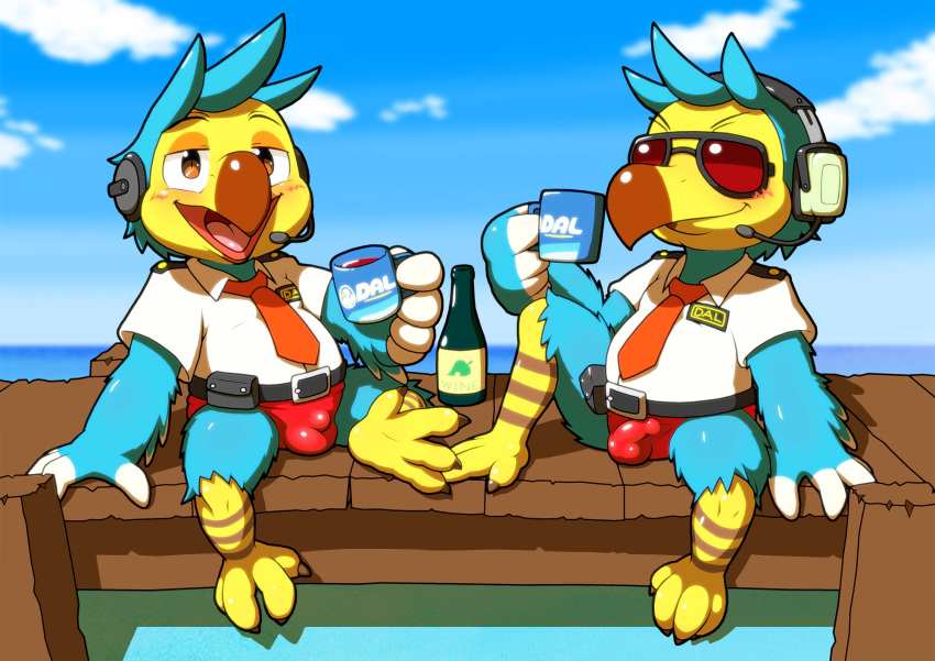 alcohol amber_eyes animal_crossing anthro avian barefoot belt beverage bird blue_body blue_feathers blush brother brothers bulge clothing cloud columbid cup dock dodo drunk duo eyewear feathers genital_outline half-closed_eyes headgear headphones headset hi_res male nakayan narrowed_eyes necktie nintendo open_mouth orville_(animal_crossing) outside penis_outline sea shirt sibling sitting sky smile speedo spreading substance_intoxication sunglasses swimwear talons topwear video_games water wilbur_(animal_crossing) wine wine_bottle