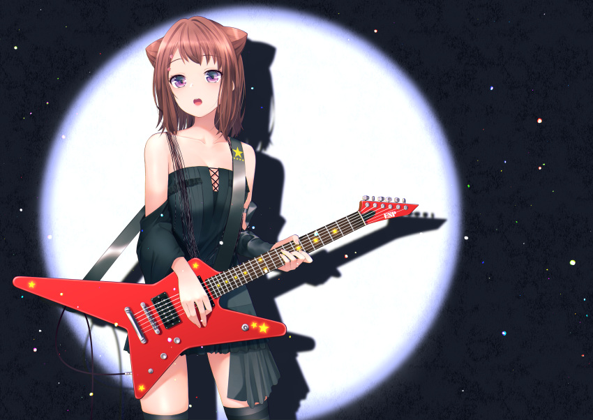 1girl :o absurdres bang_dream! bangs bare_shoulders black_background black_dress black_legwear black_sleeves breasts brown_hair cable collarbone commentary_request cowboy_shot detached_sleeves dress drop_shadow electric_guitar esp_guitars eyebrows_visible_through_hair frilled_dress frills guitar hair_ornament highres holding holding_instrument instrument looking_at_viewer medium_breasts medium_hair music nishinomiya_suzu open_mouth parody playing_instrument purple_eyes sidelocks solo spotlight standing star star_hair_ornament strapless strapless_dress thighhighs tokyo_jihen toyama_kasumi upper_teeth