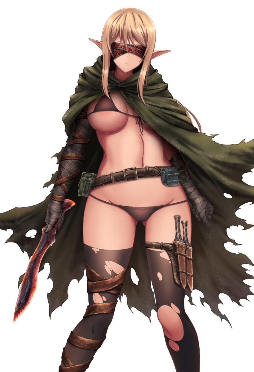 1girl absurdres akina_t asymmetrical_gloves belt bikini black_bikini black_legwear blindfold blonde_hair breasts brown_belt cloak covered_eyes elbow_gloves elf gloves green_cloak highres holding holding_knife knife kukri large_breasts long_hair navel original pointy_ears ponytail sheath sheathed simple_background solo standing swimsuit thigh_strap thighhighs torn_clothes torn_legwear white_background