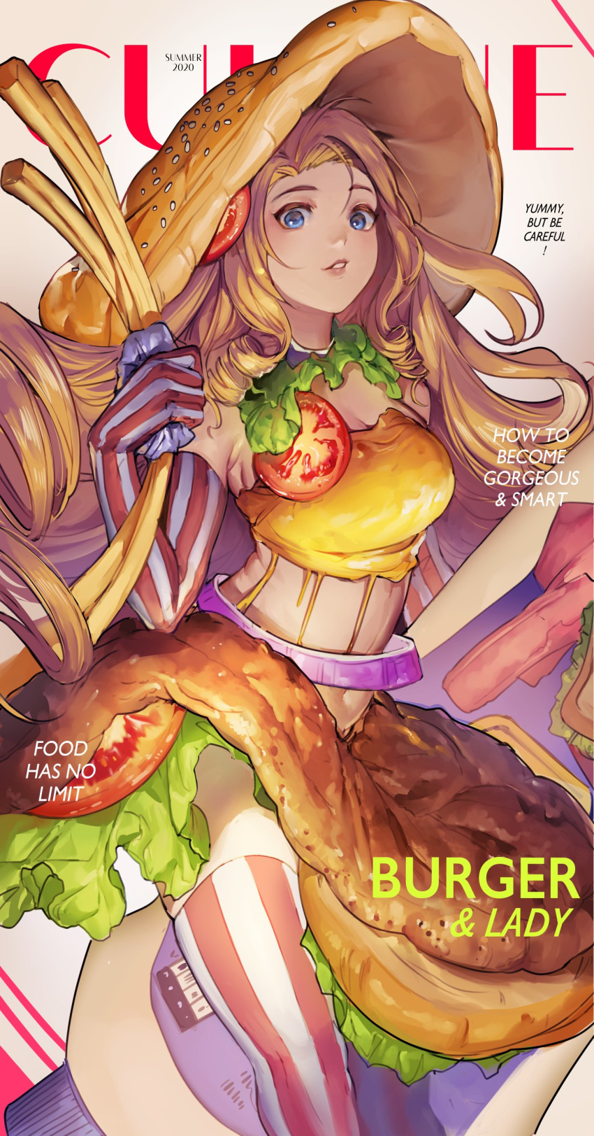 1girl absurdres armpit_crease bangs bare_shoulders blonde_hair blue_eyes cheese commentary cover crop_top elbow_gloves english_text fast_food food food_themed_clothes french_fries gloves hamburger highres lettuce long_hair looking_at_viewer magazine_cover mayonnaise_bottle midriff onion original oversized_food parted_bangs parted_lips ringlets standing straddling striped striped_gloves striped_legwear thighhighs thighs tomato velahka vertical-striped_legwear vertical_stripes very_long_hair