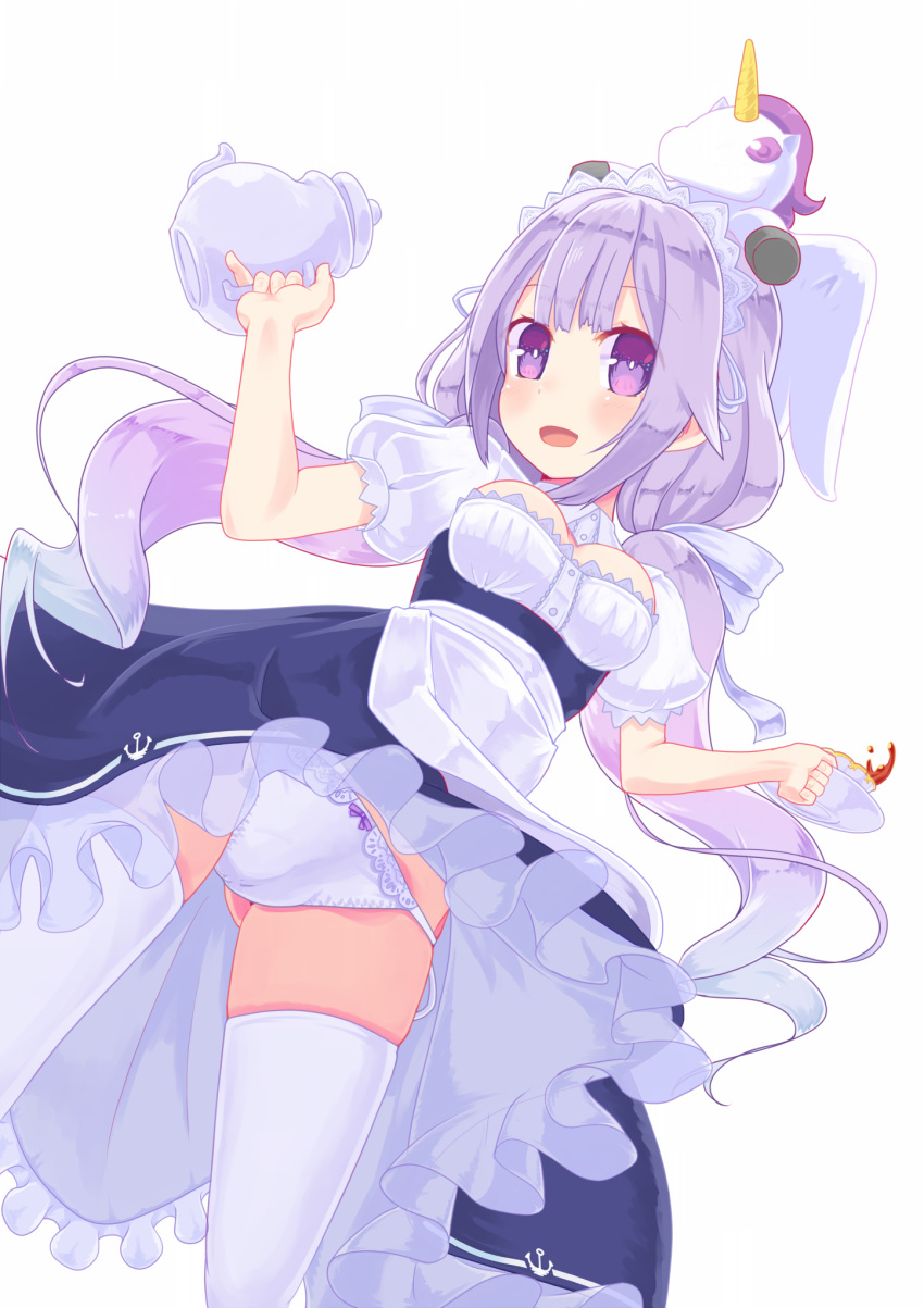 1girl :d alternate_costume anchor_symbol ass_visible_through_thighs azur_lane bangs blush bow bow_panties breasts cup enmaided eyebrows_visible_through_hair from_below gradient_hair highres holding_teapot hujikok long_hair looking_at_another looking_at_viewer maid medium_breasts multicolored_hair open_mouth panties puffy_short_sleeves puffy_sleeves purple_bow purple_eyes purple_hair saucer short_sleeves simple_background skindentation smile stuffed_alicorn tea teacup thighhighs twintails two-tone_hair underwear unicorn_(azur_lane) white_background white_legwear white_panties
