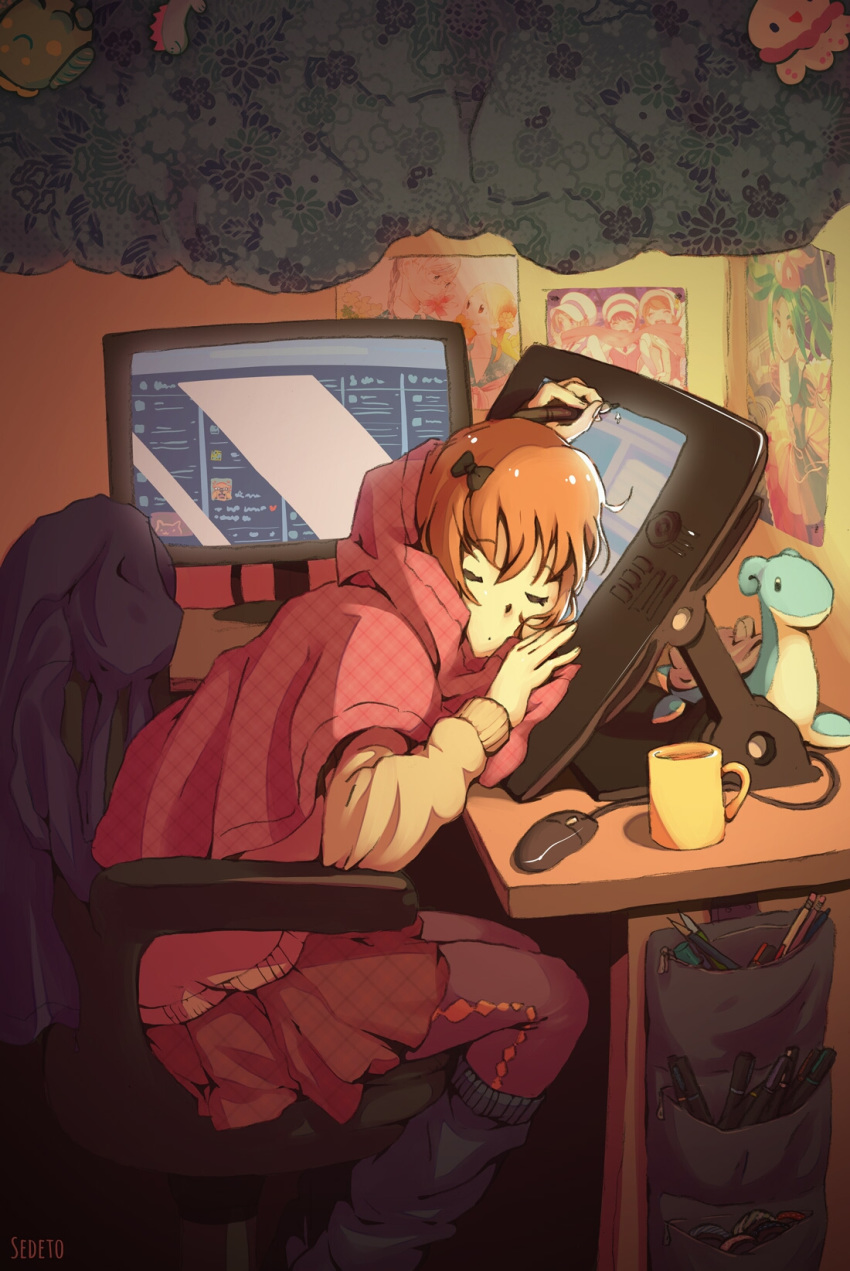 artist_name brown_hair chair colored_pencil cup gen_1_pokemon highres indoors kuragehime lapras loose_socks monitor mouse_(computer) mug ononoki_yotsugi pantyhose pen pencil pokemon poster_(object) sedeto self-portrait sitting skirt sleeping socks_over_pantyhose stuffed_animal stuffed_toy stylus tablet_pc yuri_kuma_arashi